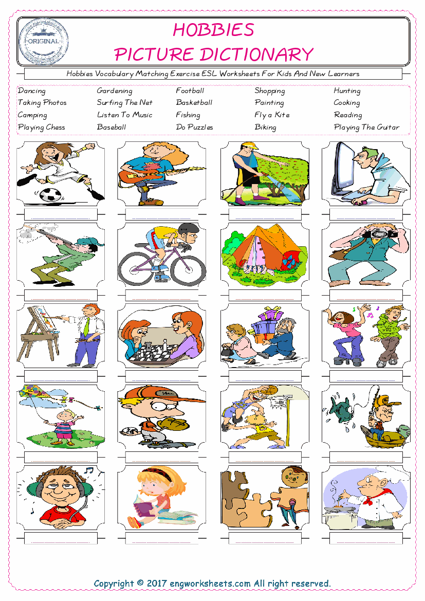  Hobbies for Kids ESL Word Matching English Exercise Worksheet. 